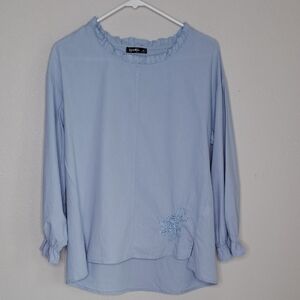 Izuria Floral Cotton Embroidered Ruffle-Neck Top Medium Long Sleeve Blue Tunic
